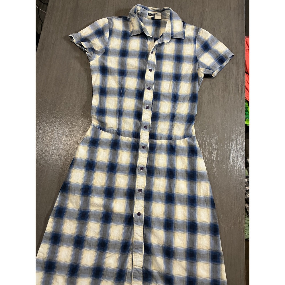 Earl Jean Plaid Shirt Dress Button Front Blue White Cotton Blend Size S